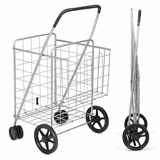 Folding Shopping Cart for Laundry with Swiveling Wheels and Dual Storage Baskets-Black