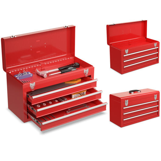 Portable Garage Mechanic Tool Cabinet Box with 3 Drawers-Red