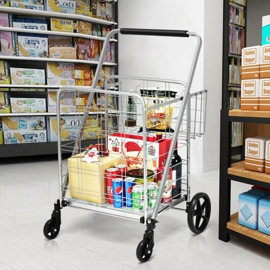 Heavy Duty Folding Utility Shopping Double Cart-Black
