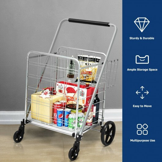 Heavy Duty Folding Utility Shopping Double Cart-Black
