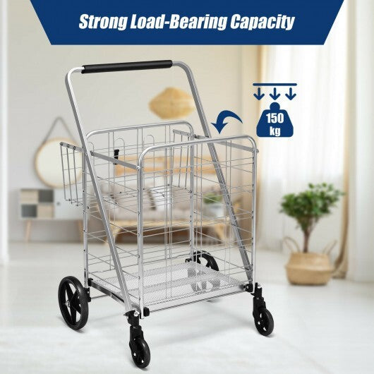 Heavy Duty Folding Utility Shopping Double Cart-Black