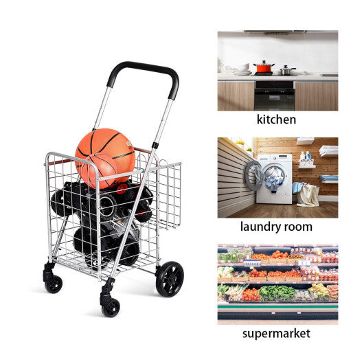 $45 Only! Folding Shopping Utility Cart with Double Basket and Swivel Wheels