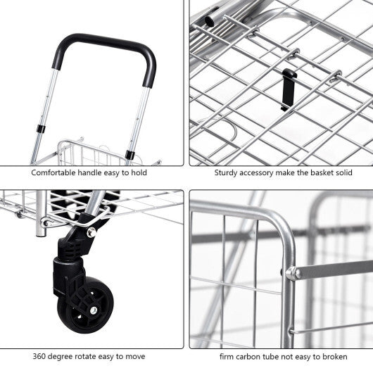 $45 Only! Folding Shopping Utility Cart with Double Basket and Swivel Wheels