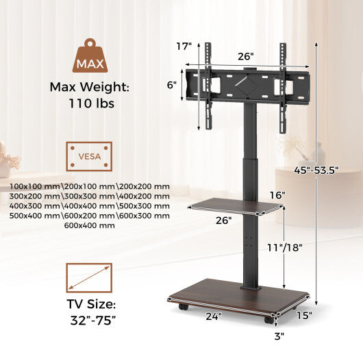 Rolling TV Stand on Wheels Mobile TV Cart for 32-75 Inch TVs Portable AV Cart-Natural
