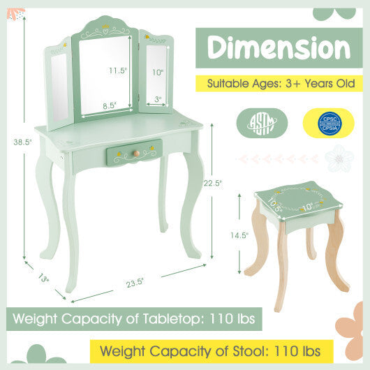 Kids Vanity Set with Tri-folding Mirror-White