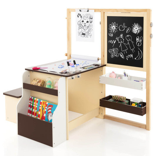 Kids Art Center Wooden Table Bench Set-Gray