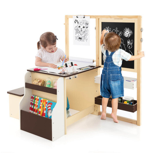 Kids Art Center Wooden Table Bench Set-Gray