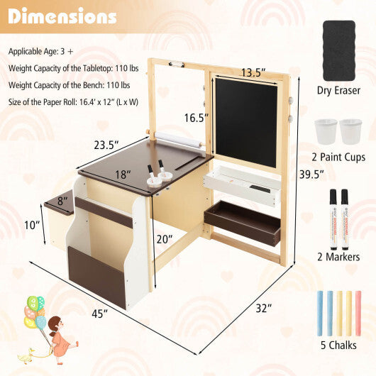 Kids Art Center Wooden Table Bench Set-Gray