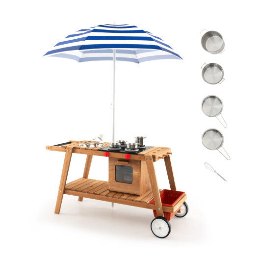 Wooden Play Cart with Sun Proof Umbrella for Toddlers Over 3 Years Old-Brown