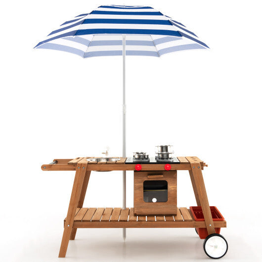 Wooden Play Cart with Sun Proof Umbrella for Toddlers Over 3 Years Old-Brown