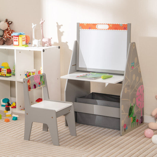 3 in 1 Kids Easel and Play Station Convertible with Chair and Storage Bins-Gray