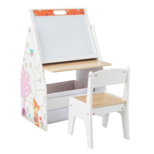 3 in 1 Kids Easel and Play Station Convertible with Chair and Storage Bins-Gray