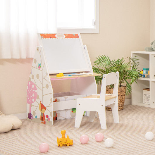 3 in 1 Kids Easel and Play Station Convertible with Chair and Storage Bins-Gray