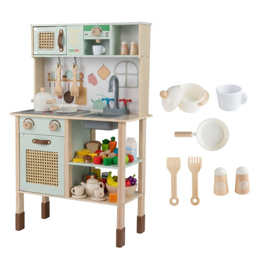 Wooden Play Kitchen for Kids with Lights and Sounds Retro Style With Accessories-Green