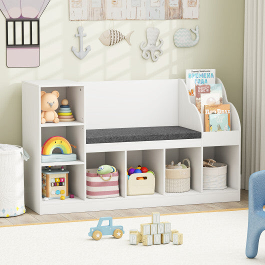 Kids Bookcase with Reading Nook 3-in-1 Standing Toy Organizer-White