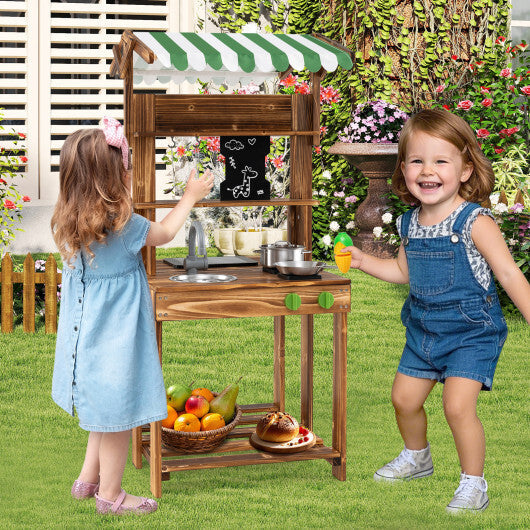 Double-Sided Mud Kitchen with Canopy and Chalkboard for 3+ Years Old-Natural