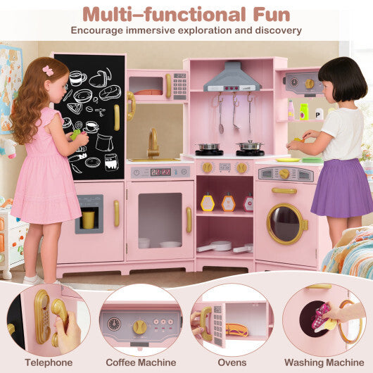 Corner Wooden Play Kitchen with Lights and Sounds Large Pretend Play Kitchen Set-Espresso