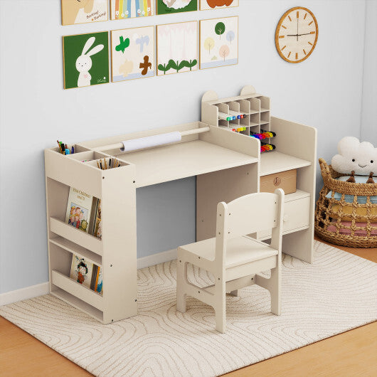 Kids Art Table and Chair Set with Detachable Paper Roll Holder and Cabinet-White