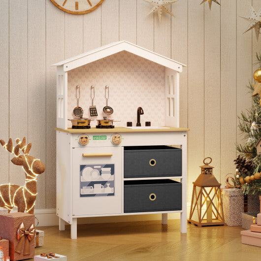 Kids Play Kitchen Children Toy Kitchen Playset with 2 Stoves and Rotation Knobs-Pink