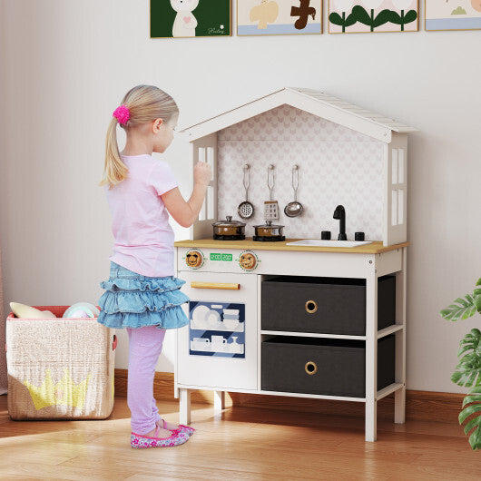 Kids Play Kitchen Children Toy Kitchen Playset with 2 Stoves and Rotation Knobs-Pink