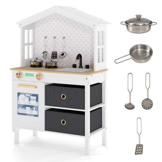 Kids Play Kitchen Children Toy Kitchen Playset with 2 Stoves and Rotation Knobs-Pink