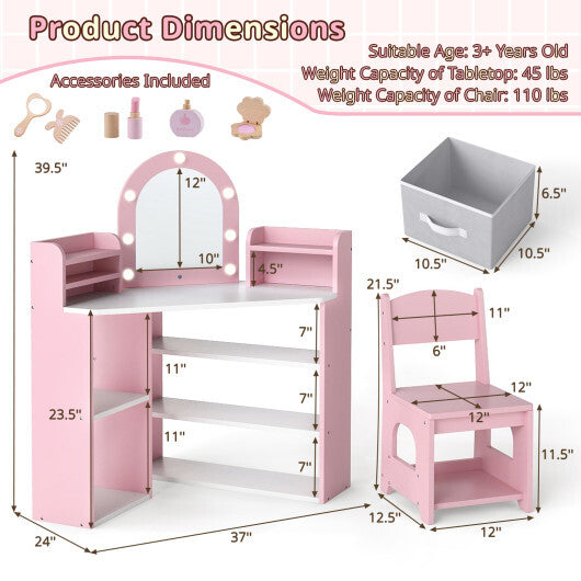 2-In-1 Kids Vanity Set with Lights for Toddlers 3+ Years Old-White