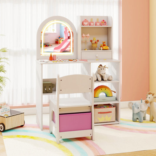 Kids Vanity Set Princess Girls Makeup Vanity Desk with Chair and 3-Color LED Lighted Mirror-Pink
