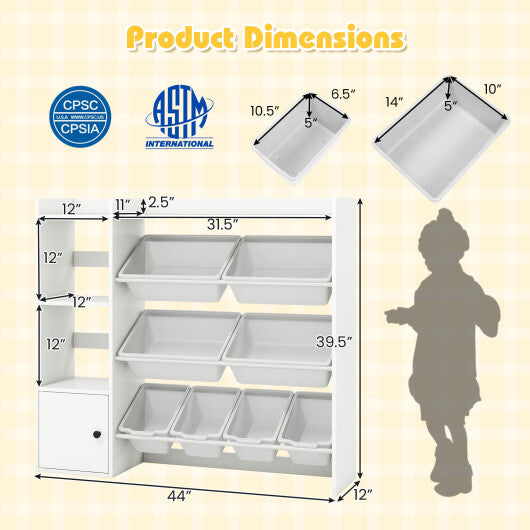 Kids Toy Storage and Bookshelf with Open Shelves and Single-door Cabinet-White