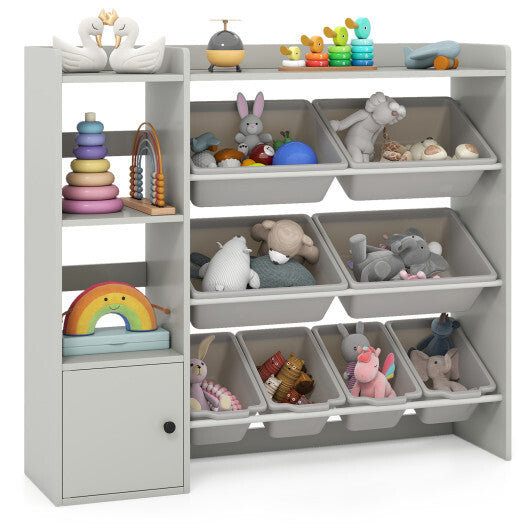 Kids Toy Storage and Bookshelf with Open Shelves and Single-door Cabinet-White