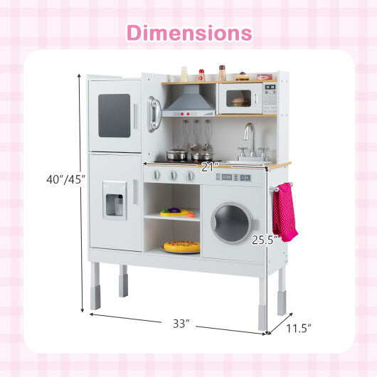 Pretend Play Kitchen Toy Kitchen Playset with Range Hood Ice Maker and Telephone-White