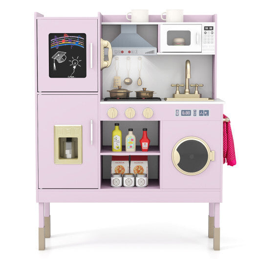 Pretend Play Kitchen Toy Kitchen Playset with Range Hood Ice Maker and Telephone-White