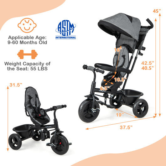 4-in-1 Baby Trike Kids Tricycle with Removable Canopy and Adjustable Push Handle-Pink