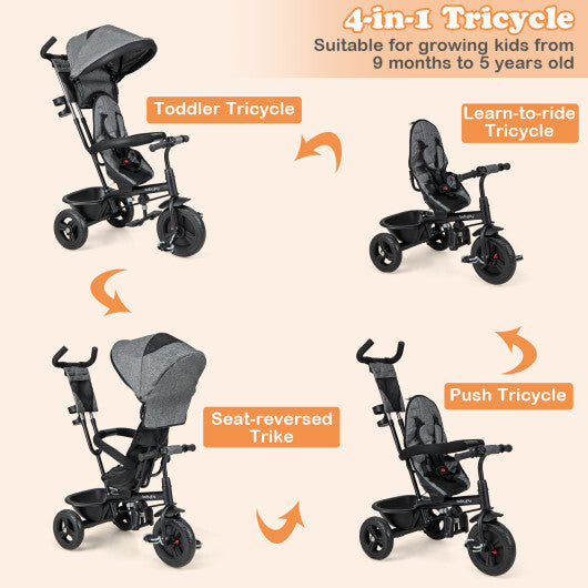 4-in-1 Baby Trike Kids Tricycle with Removable Canopy and Adjustable Push Handle-Pink