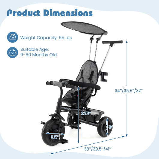 7-in-1 Baby Stroller Tricycle with Adjustable Canopy and Foldable Footrests for Ages 9-60 Months Old-Gray