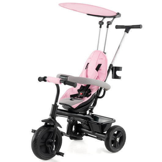 7-in-1 Baby Stroller Tricycle with Adjustable Canopy and Foldable Footrests for Ages 9-60 Months Old-Gray