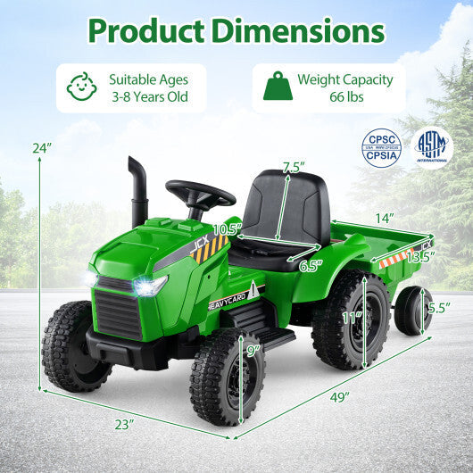 12V 2-in-1 Kids Ride On Tractor with Trailer and 3-Gear Shift-Grayish Green