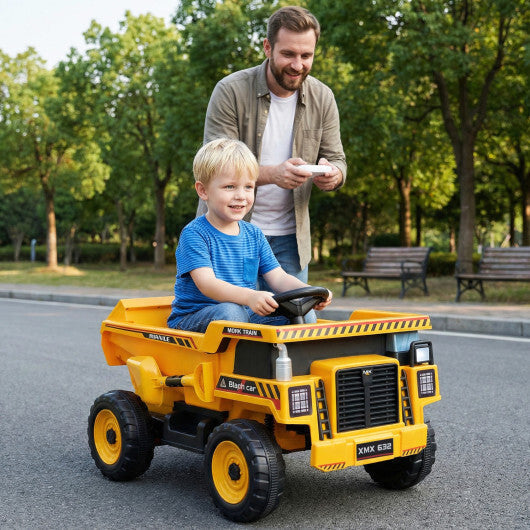 24V Construction Electric Vehicle with Dump Bed and Remote Control for Aged 3-8-Yellow - Color: Yellow