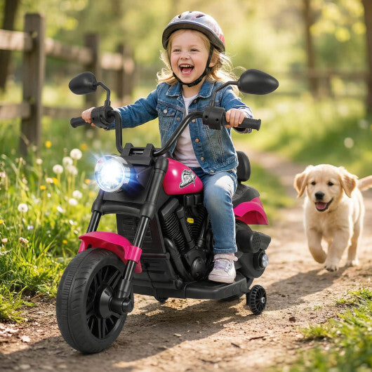 6V Kids Motorcycle with Headlight and Music and Training Wheels-Pink - Color: Pink