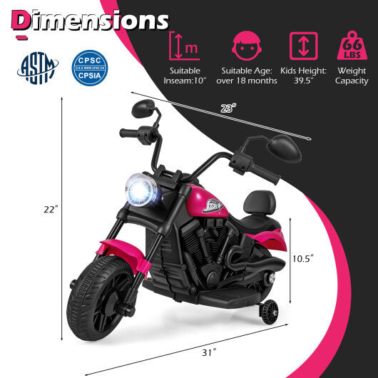 6V Kids Motorcycle with Headlight and Music and Training Wheels-Pink - Color: Pink