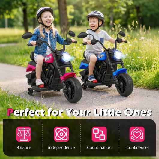 6V Kids Motorcycle with Headlight and Music and Training Wheels-Pink - Color: Pink