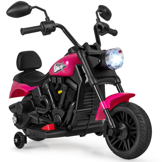 6V Kids Motorcycle with Headlight and Music and Training Wheels-Pink - Color: Pink