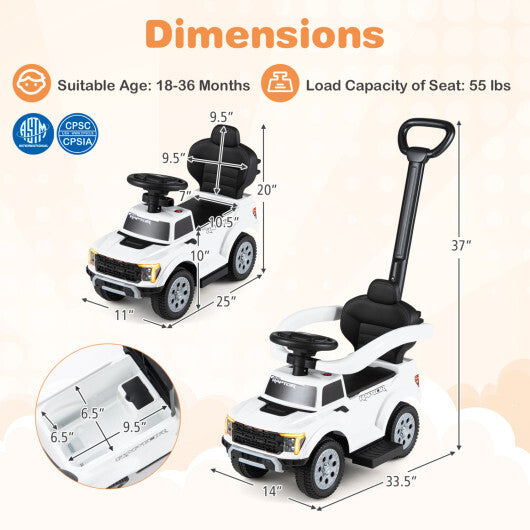 3-In-1 Licensed Ford Push Car for Toddlers-White - Color: White