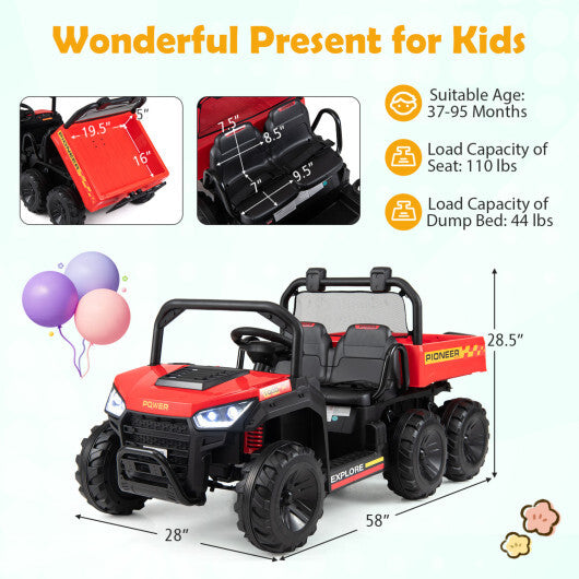 24V 2-Seater Kids Ride on Dump Truck 4WD with Electric Dump Bed and Lights-Red - Color: Red