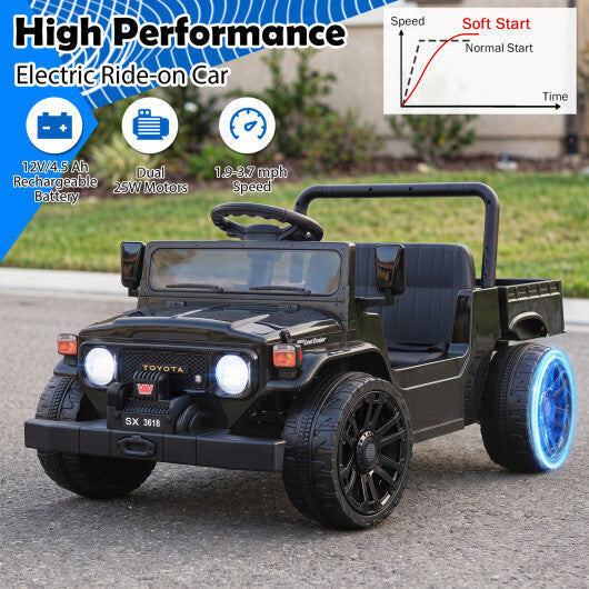 12V Electric Ride On Truck with Dump Bed and Music Licensed Toyota-Black - Color: Black