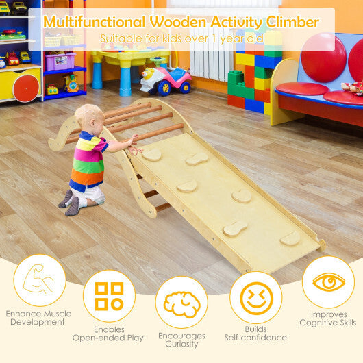 3-in-1 Kids Wooden Arch Triangle Rocker Climber Set with Ramp and Mat