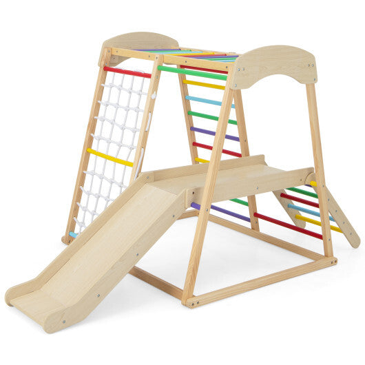6-in-1 Indoor Jungle Gym Kids Wooden Playground with Monkey Bars-Natural