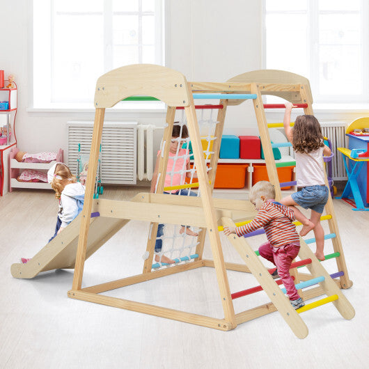 6-in-1 Indoor Jungle Gym Kids Wooden Playground with Monkey Bars-Natural