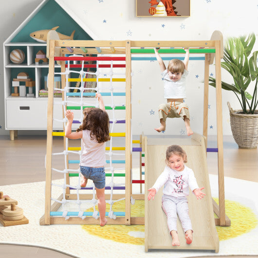 6-in-1 Indoor Jungle Gym Kids Wooden Playground with Monkey Bars-Natural