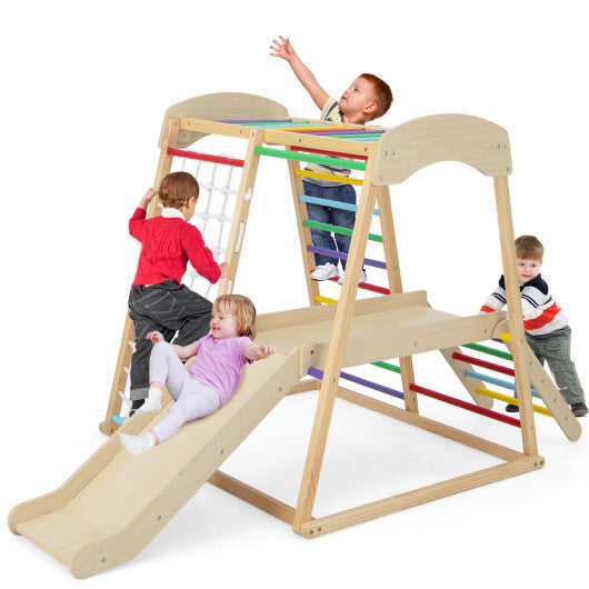 6-in-1 Indoor Jungle Gym Kids Wooden Playground with Monkey Bars-Natural