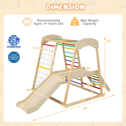 6-in-1 Indoor Jungle Gym Kids Wooden Playground with Monkey Bars-Natural